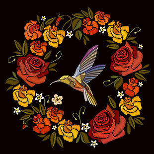 刺绣花朵和小鸟插画