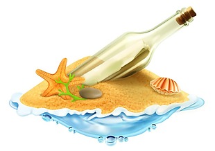 沙滩上的飘流瓶插画
