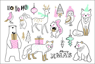 手绘卡通动物线稿圣诞节创意卡片矢量
