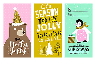 彩色动物线稿圣诞节创意卡片矢量