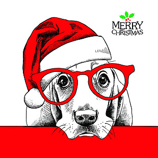 圣诞帽狗狗可爱动物圣诞节海报矢量