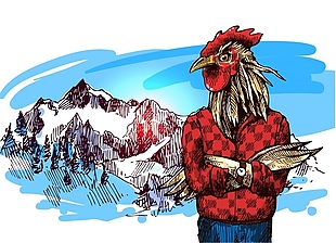 穿着毛衣的公鸡雪山冬季动物拟人装饰画矢量