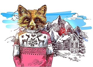 狐狸雪山冬季动物拟人装饰画矢量