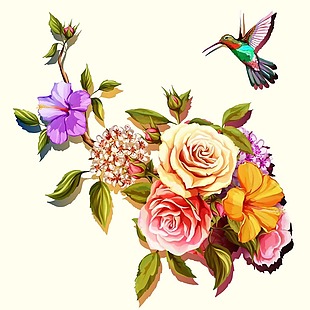 手绘花朵和翠鸟插画