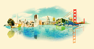 水彩绘建筑城市插画