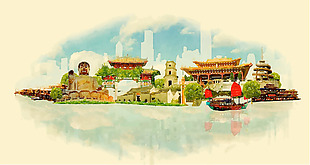 手绘中国特色建筑插画