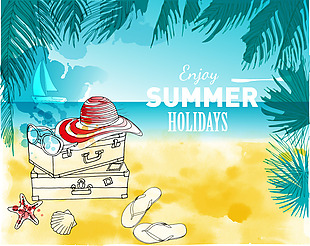 水彩绘夏天沙滩旅行插画