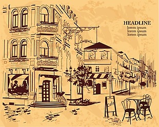 手绘街边咖啡厅插画