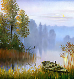 河边风景油画装饰画素材