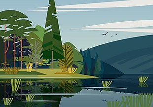 野外树林风景湖泊矢量素材