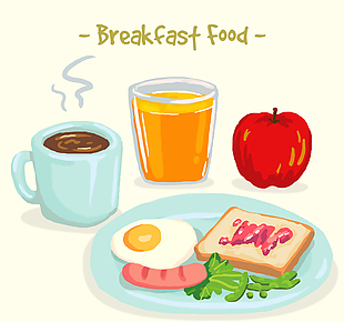 水彩绘美味早餐食物矢量