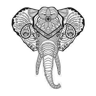 大象动物黑白线稿纹身图案印花矢量