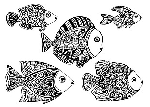 黑白手绘花纹鱼图案