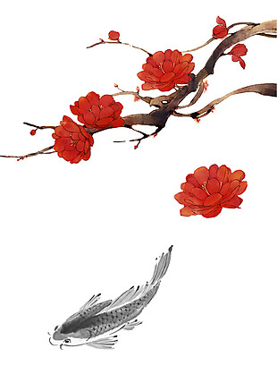 各种花朵小鸟蝴蝶国画PNG元素