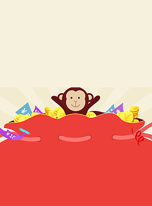 红色钱袋卡通猴子H5背景素材