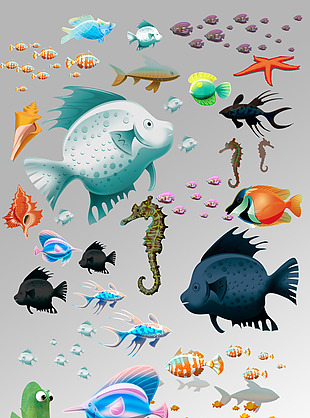 一组各种各样海洋鱼群海马海星元素海底世界