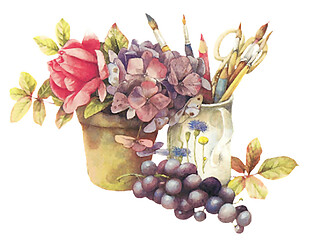 花瓶葡萄彩笔背景