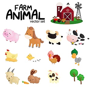 动物手绘卡通农场矢量素材