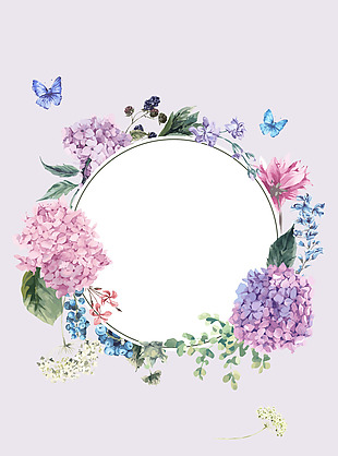 紫色水彩手绘清新花朵圆框背