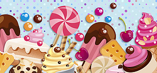 淘宝矢量卡通精美甜品棒棒糖蛋糕彩色海报