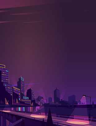 矢量紫色扁平化夜景城市背景
