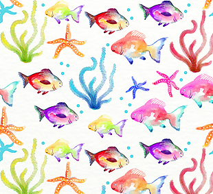 水彩绘水草海星和鱼无缝背景矢量