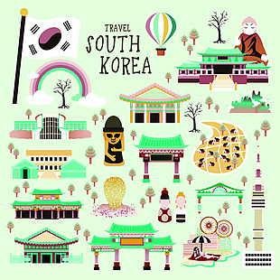 韩国气球旅行地标美食手绘地图矢量素材