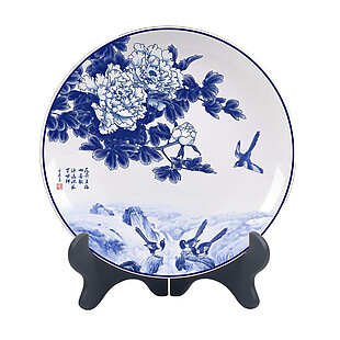 中国风圆形蓝色花朵屏风PNG元素
