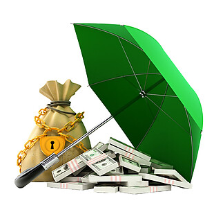 绿色雨伞下的钱袋货币