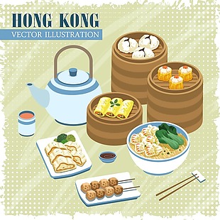 手绘矢量旅游香港美食点心早茶海报背景