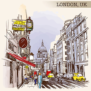 伦敦钢笔手绘勾线风景画矢量