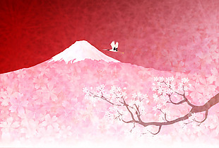 矢量复古日系樱花富士山仙鹤背景