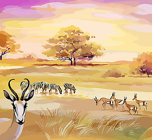 大草原上的动物们插画