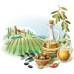 田地橄榄油与乡村矢量素材