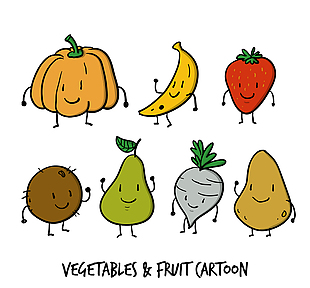 7款彩绘可爱蔬菜和水果矢量
