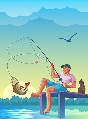 河边钓鱼的男人插画