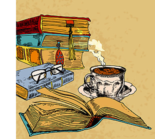 手绘咖啡和书本插画