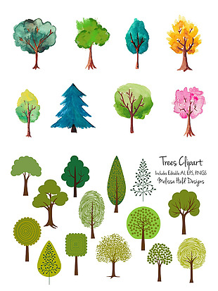 手绘彩色树木图案