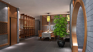 新中式风拱门餐厅走廊效果图设计
