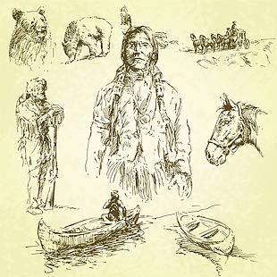 素描创意动物与土著人像素材