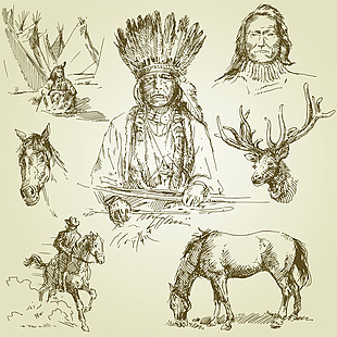 手绘美土著人像铅笔画素描素材