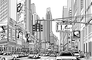 黑白手绘城市场景插画