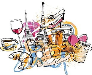 涂鸦法国旅行特色插画