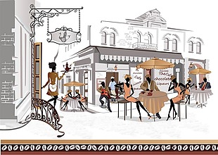 手绘欧洲街角咖啡厅插画