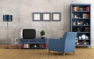 蓝色工业风室内沙发书架效果设计高清图片