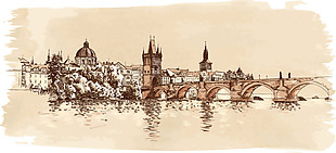 手绘艺术城市大桥建筑插画