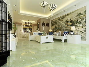 中式客厅釉面砖3d渲染图