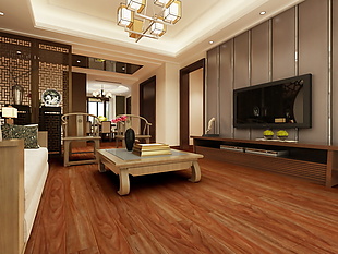 中式客厅实木木地板3D渲染图
