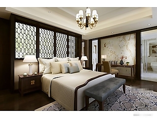 大气优雅新中式古典风格卧室素材图
