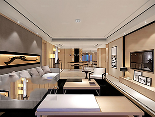 3D渲染日式风格客厅沙发茶几瓷砖效果图